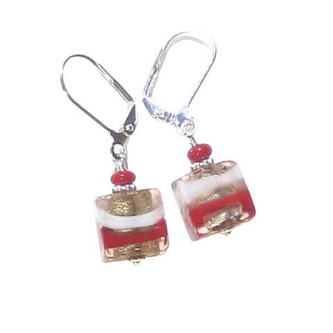 Murano Glass Pink Red White Square Striped Square Sterling Silver Earrings - JKC Murano