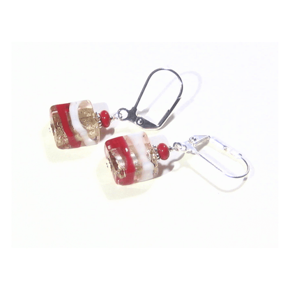 Murano Glass Pink Red White Square Striped Square Sterling Silver Earrings - JKC Murano