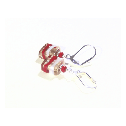 Murano Glass Pink Red White Square Striped Square Sterling Silver Earrings - JKC Murano