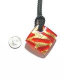 Murano Glass Cherry Red and Gold Zebra Diamond Pendant Necklace, Marked Murano - JKC Murano