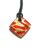 Murano Glass Cherry Red and Gold Zebra Diamond Pendant Necklace, Marked Murano - JKC Murano