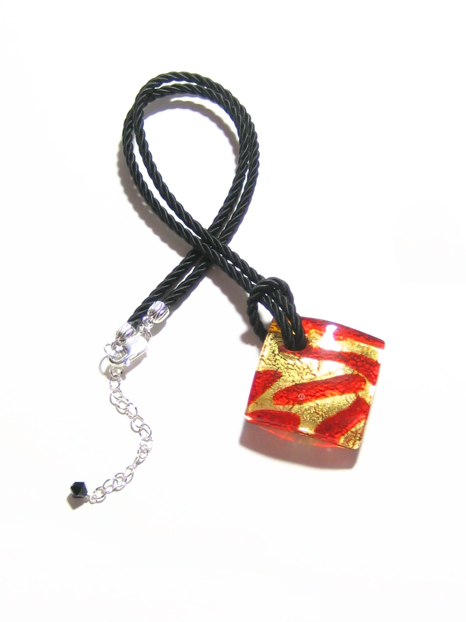 Murano Glass Cherry Red and Gold Zebra Diamond Pendant Necklace, Marked Murano - JKC Murano