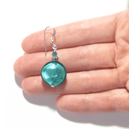 Murano Glass Large Sea Green Disc Silver Earrings - JKC Murano