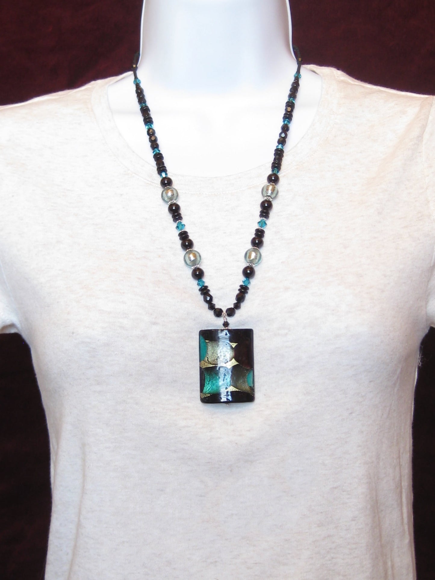 Murano Glass Large colorful Black Rectangle Pendant Silver Necklace - JKC Murano