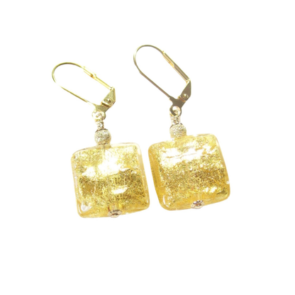 Murano Glass Square Clear Gold Earrings - JKC Murano