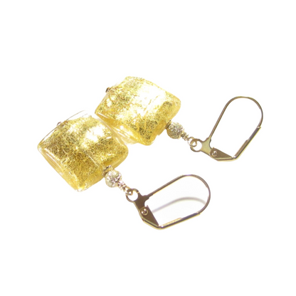 Murano Glass Square Clear Gold Earrings - JKC Murano