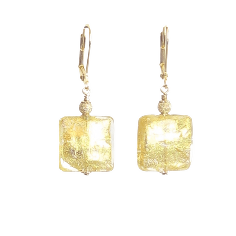 Murano Glass Square Clear Gold Earrings - JKC Murano