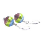 Italian Glass Blue Green Purple Striped Silver Earrings, Sterling Silver Leverbacks - JKC Murano