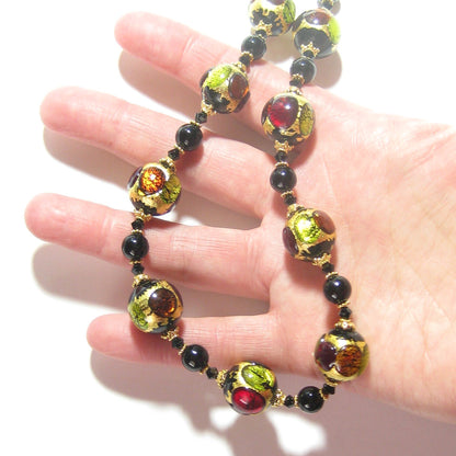Murano Glass Colorful Black Ball Chunky Gold Necklace - JKC Murano