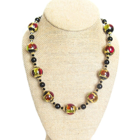 Murano Glass Colorful Black Ball Chunky Gold Necklace - JKC Murano