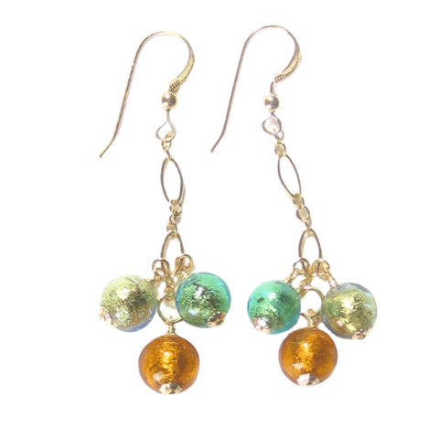 Murano Glass Green Topaz Ball Cluster Gold Earrings - JKC Murano