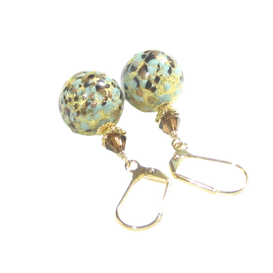 Murano Glass Turquoise Leopard Ball Gold Earrings - JKC Murano