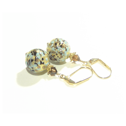 Murano Glass Turquoise Leopard Ball Gold Earrings - JKC Murano