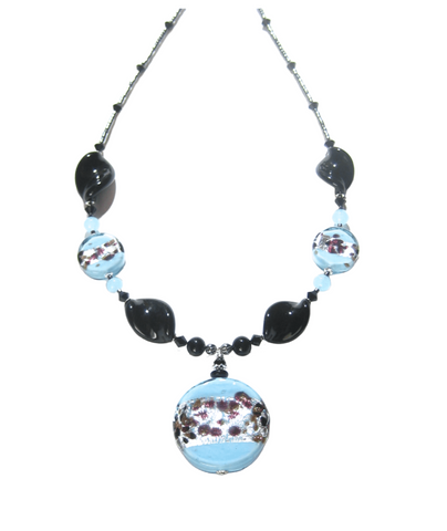 Murano Glass Turquoise Leopard Pendant Silver Necklace - JKC Murano