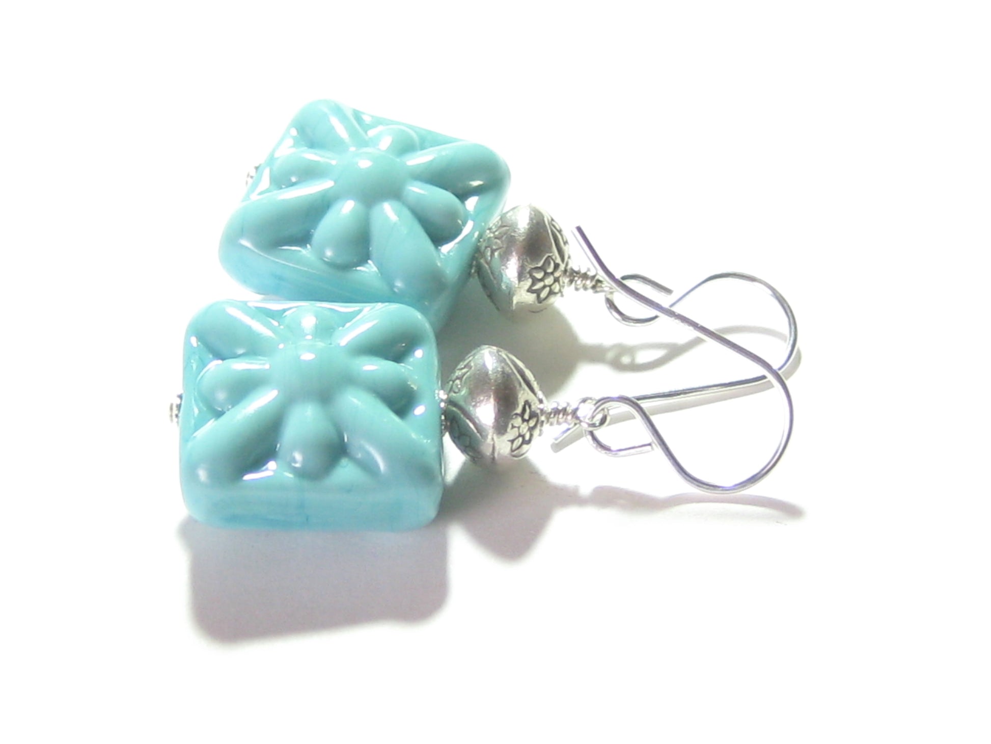 Venetian Glass Turquoise Starburst Chunky Square Silver Earrings, Murano Glass Jewelry - JKC Murano