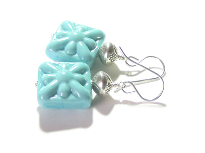 Venetian Glass Turquoise Starburst Chunky Square Silver Earrings, Murano Glass Jewelry - JKC Murano