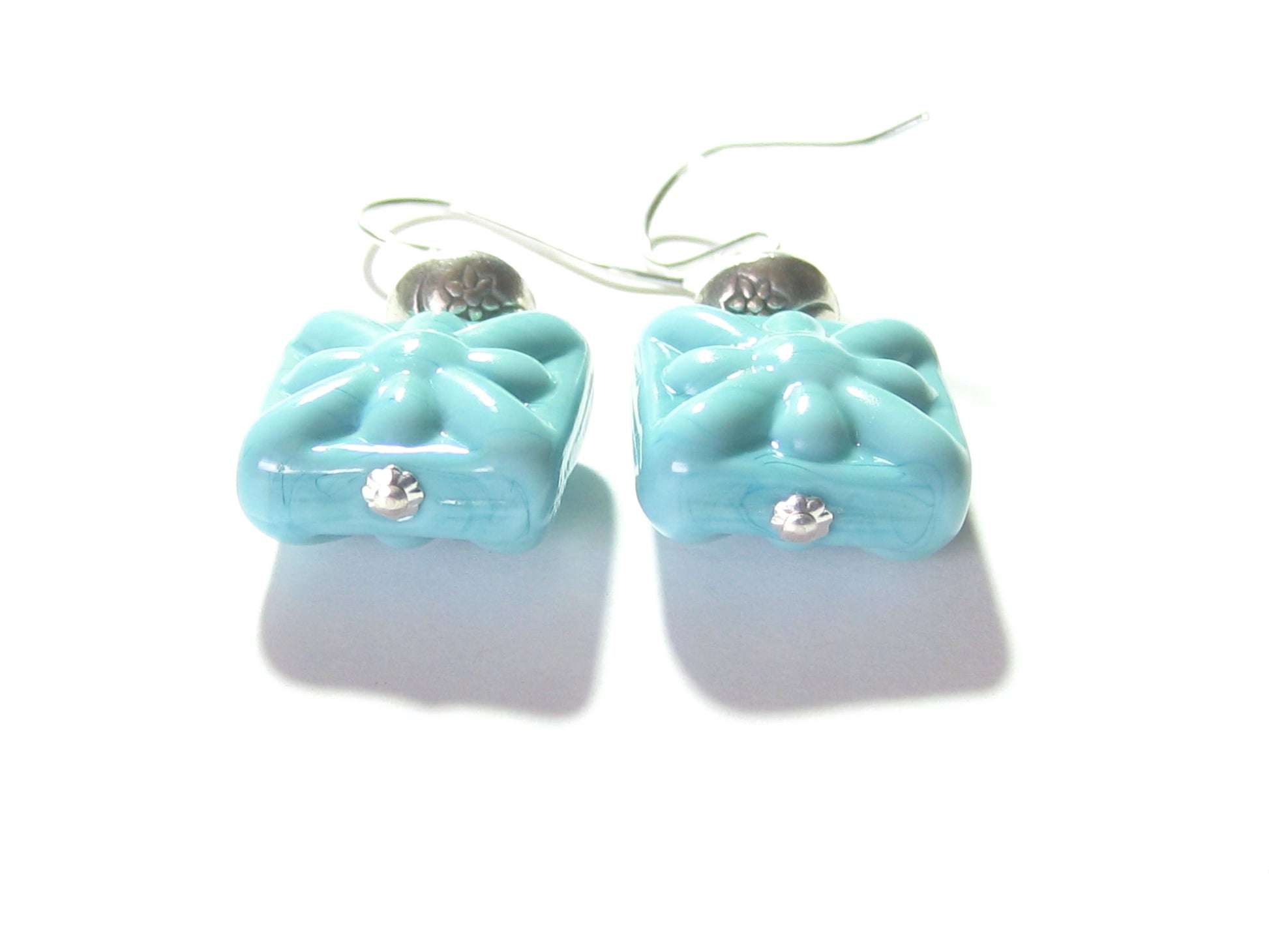 Venetian Glass Turquoise Starburst Chunky Square Silver Earrings, Murano Glass Jewelry - JKC Murano
