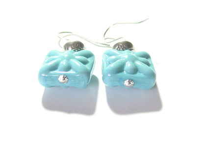 Venetian Glass Turquoise Starburst Chunky Square Silver Earrings, Murano Glass Jewelry - JKC Murano