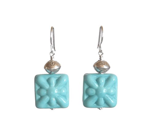 Venetian Glass Turquoise Starburst Chunky Square Silver Earrings, Murano Glass Jewelry - JKC Murano