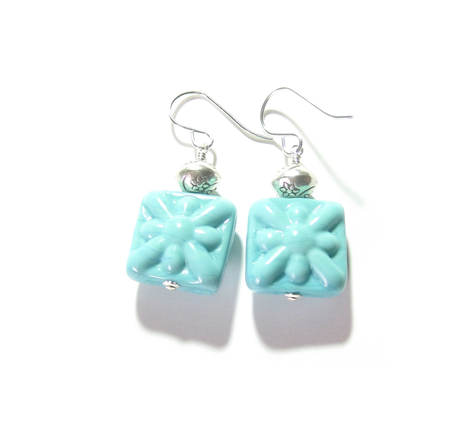 Venetian Glass Turquoise Starburst Chunky Square Silver Earrings, Murano Glass Jewelry - JKC Murano