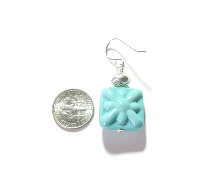 Venetian Glass Turquoise Starburst Chunky Square Silver Earrings, Murano Glass Jewelry - JKC Murano