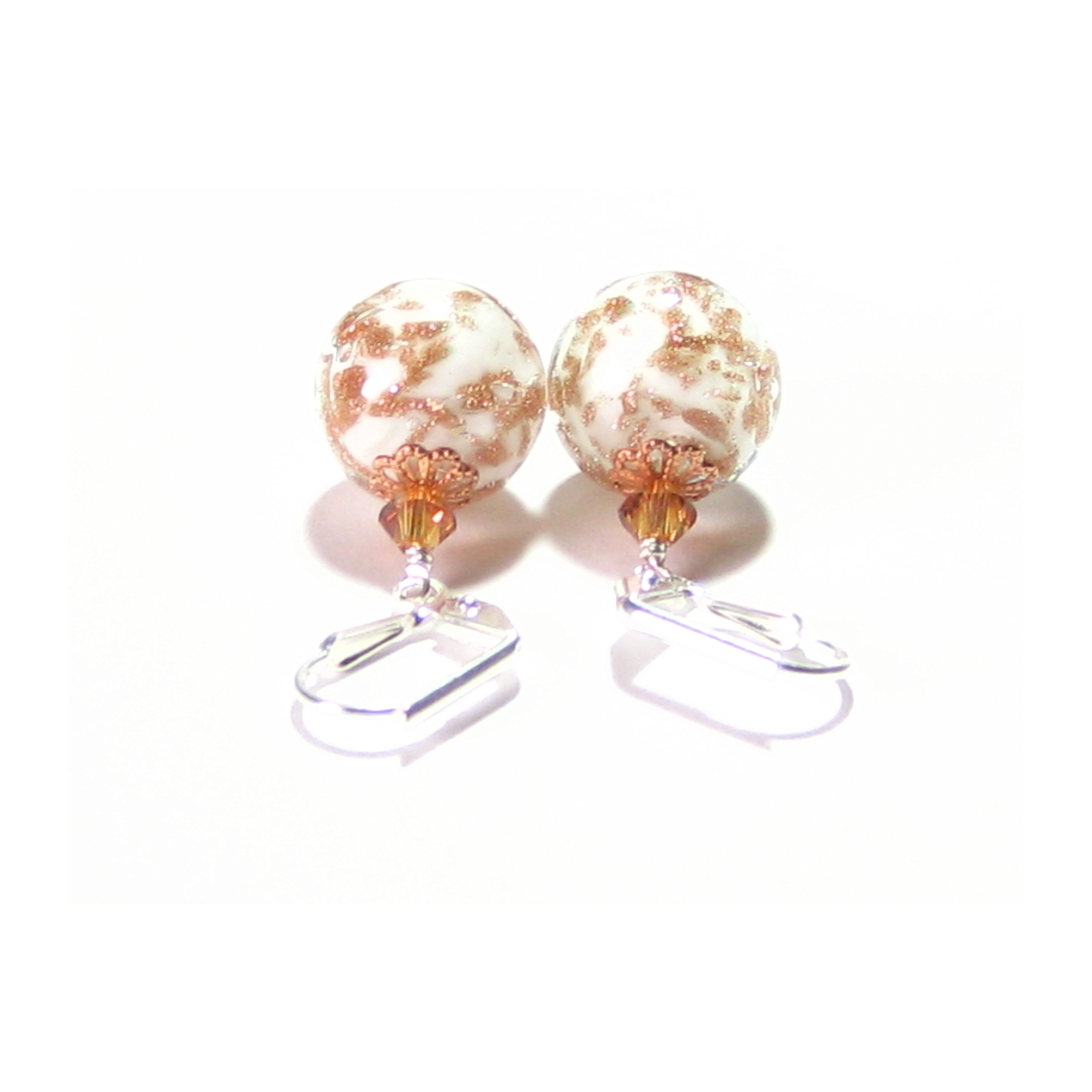 Murano Glass White Copper Ball Silver Earrings, Venetian Jewelry - JKC Murano
