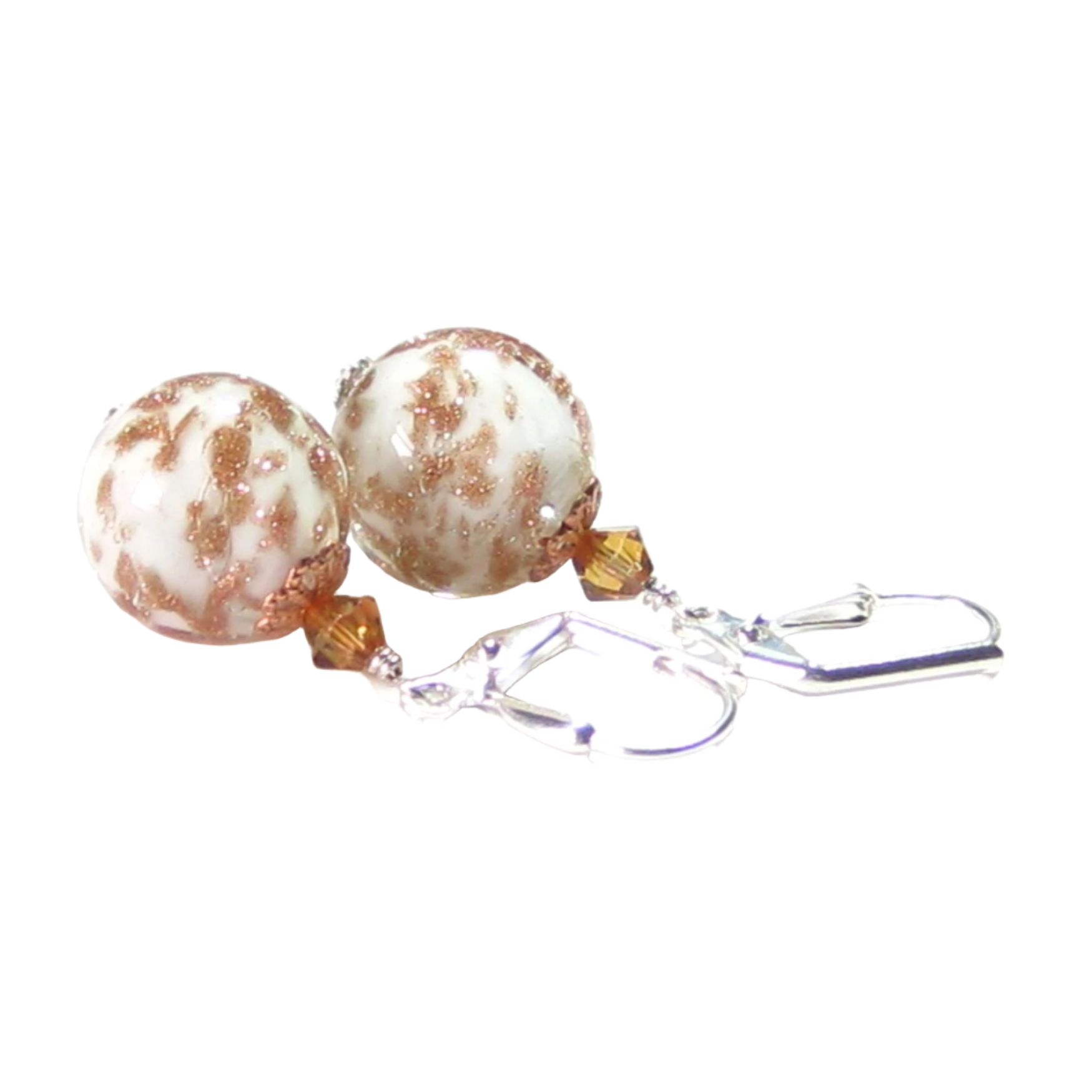 Murano Glass White Copper Ball Silver Earrings, Venetian Jewelry - JKC Murano
