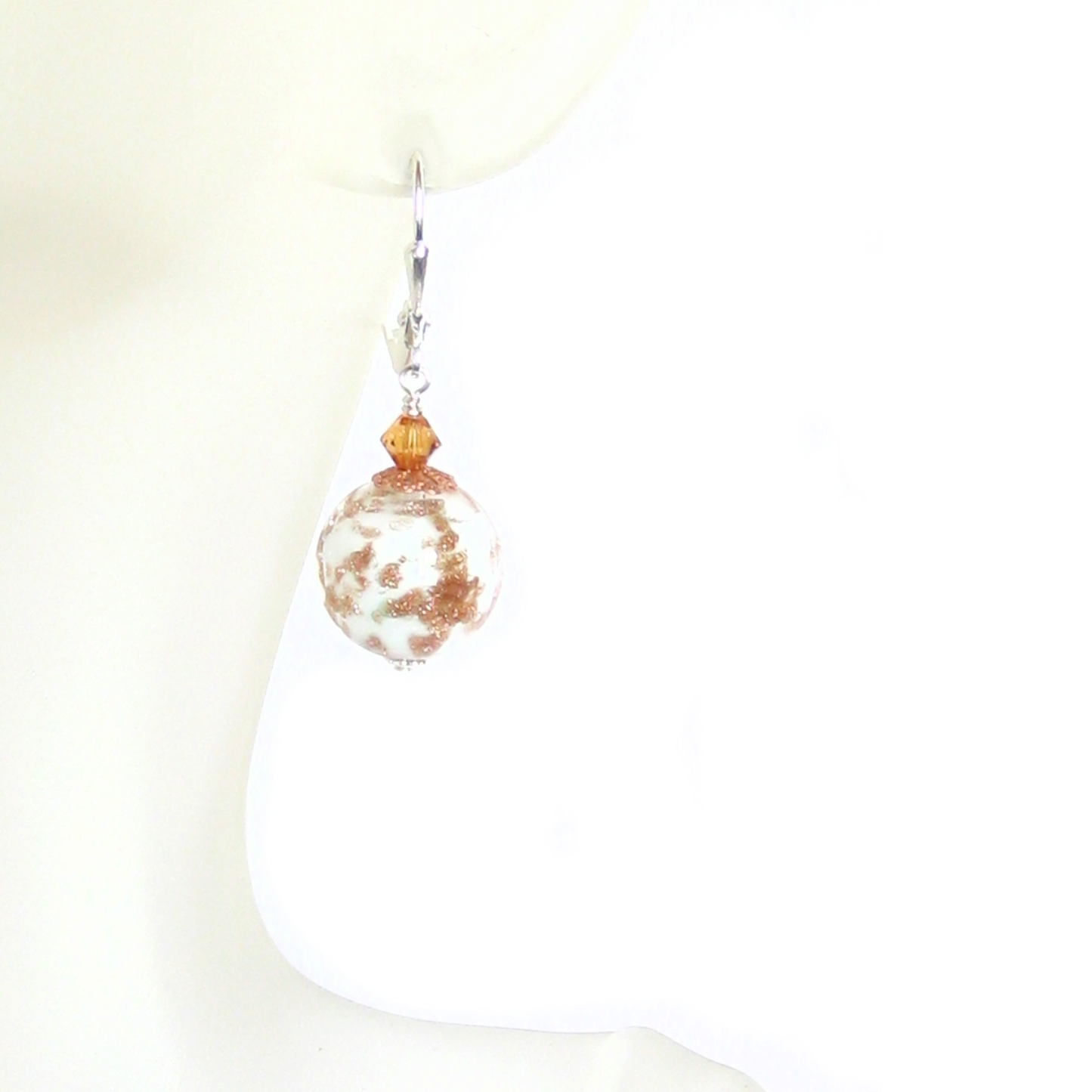 Murano Glass White Copper Ball Silver Earrings, Venetian Jewelry - JKC Murano