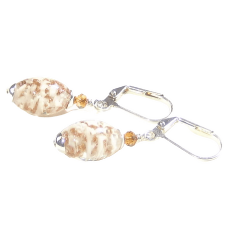 Murano Glass White Copper Oval Silver Earrings - JKC Murano