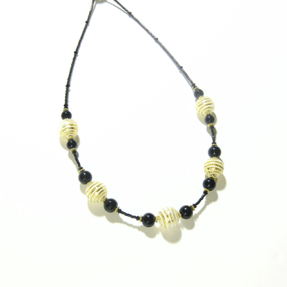 Murano Glass Black White Stripes Ball Gold Necklace - JKC Murano