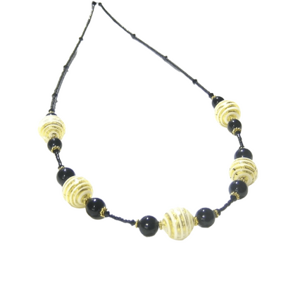 Murano Glass Black White Stripes Ball Gold Necklace - JKC Murano
