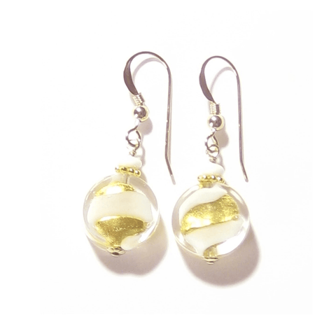 Murano Glass White Swirl Yellow Gold Earrings by JKC Murano - JKC Murano