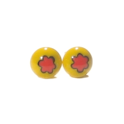 Murano Millefiori Yellow Red Flower Sterling Silver Post Earrings, Studs - JKC Murano