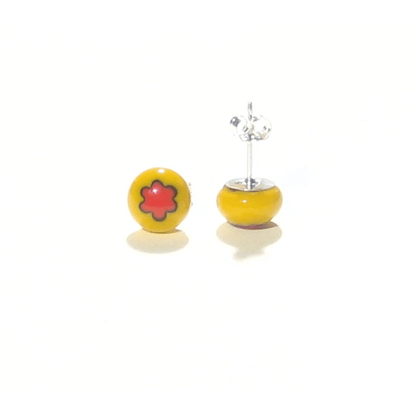Murano Millefiori Yellow Red Flower Sterling Silver Post Earrings, Studs - JKC Murano