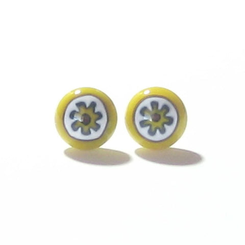 Millefiori Yellow White Flower Sterling Silver Post Stud Earrings - JKC Murano