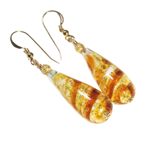 Murano Glass Topaz Swirl Teardrop Long Gold Earrings - JKC Murano