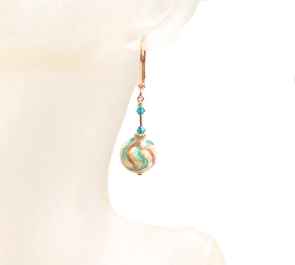 Murano Glass Aqua Copper Ball Gold Earrings - JKC Murano
