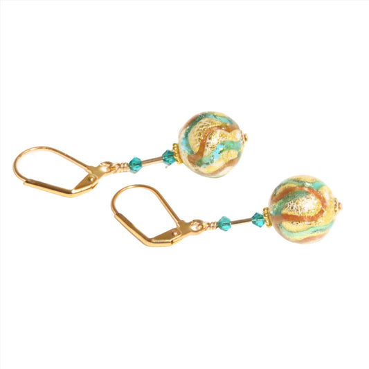 Murano Glass Aqua Copper Ball Gold Earrings - JKC Murano