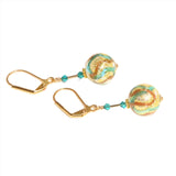 Murano Glass Aqua Copper Ball Gold Earrings