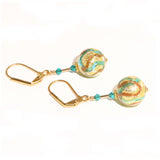 Murano Glass Aqua Copper Ball Gold Earrings