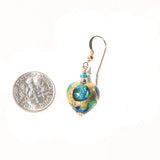 Murano Glass Aqua Green Dot Heart Gold Earrings