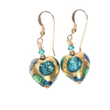 Murano Glass Aqua Green Dot Heart Gold Earrings