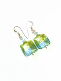 Murano Glass Green Aqua Square Gold Earrings, Leverback Earrings - JKC Murano