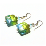 Murano Glass Green Aqua Square Gold Earrings, Leverback Earrings - JKC Murano