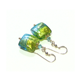 Murano Glass Green Aqua Square Gold Earrings, Leverback Earrings - JKC Murano