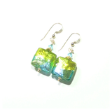 Murano Glass Green Aqua Square Gold Earrings, Leverback Earrings - JKC Murano