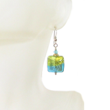 Murano Glass Green Aqua Square Gold Earrings, Leverback Earrings - JKC Murano