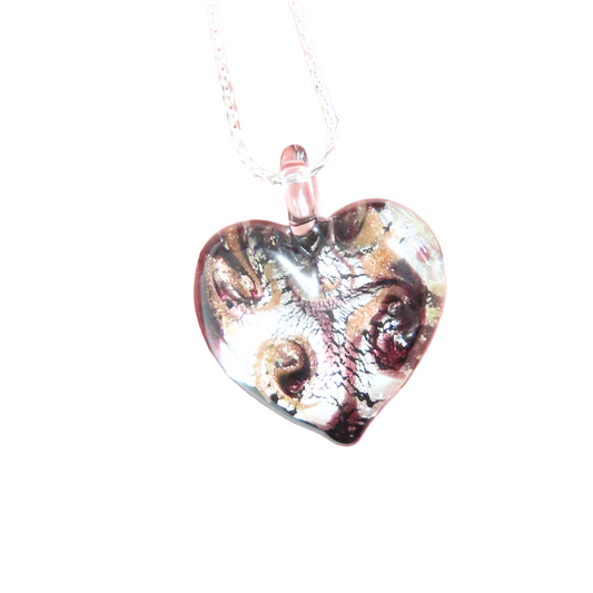 Murano Glass Heart Black Silver Swirl Pendant Necklace by JKC Murano