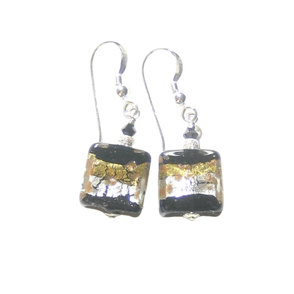 Murano Glass Black Gold Stripe Square Dangle Silver Earrings by JKC Murano - JKC Murano