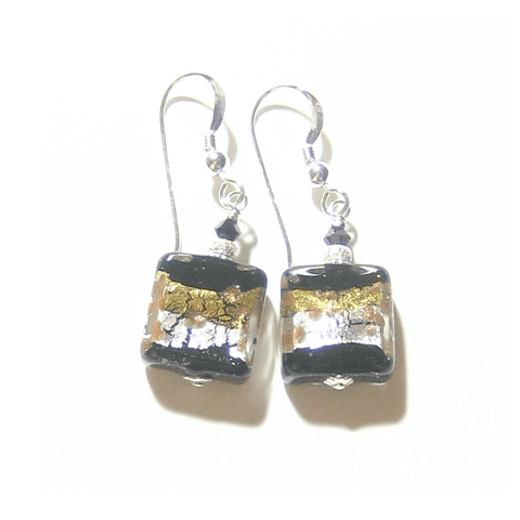 Murano Glass Black Gold Stripe Square Dangle Silver Earrings by JKC Murano - JKC Murano